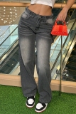 Grey Mid Waist Pocket Straight Casual Distressed Wide Leg Denim Jeans
