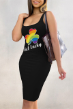 Black Colorblock Letter Print Sleeveless U Neck Wrapped Skirt Bodycon Midi Tank Dresses