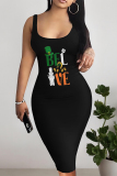 Black Colorblock Letter Print Sleeveless U Neck Wrapped Skirt Bodycon Midi Tank Dresses