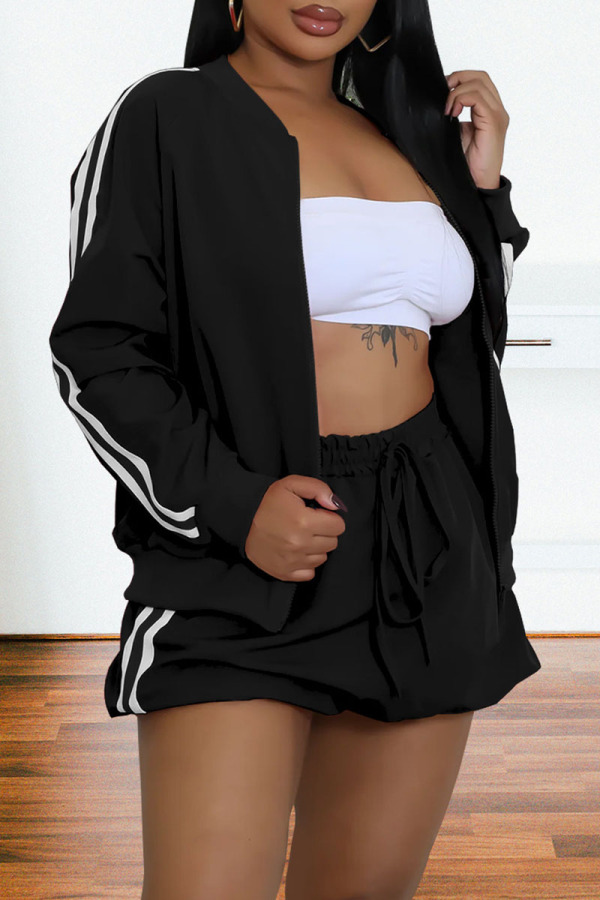 Red Stripe Print Long Sleeve Jackets And Shorts Sportwear Casual Two Pieces Shorts Sets