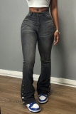 Grey Mid Waist Pocket Buttons Casual Flare Leg Denim Jeans