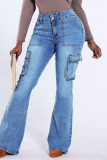 Light Blue Mid Waist Pocket Casual Distressed Flare Leg Denim Jeans