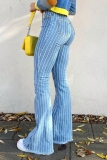 Light Blue Stripe Print Mid Waist Casual Distressed Boot Cut Flare Leg Denim Jeans