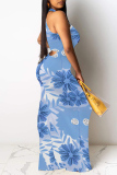 Teal Floral Print O Neck Sleeveless Vaction Bodycon Maxi Dress