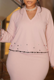 Pink Hot Drill V Neck Long Sleeve Tops And Slit Maxi Skirt Formal Office Lady Two Pieces Dress Sets