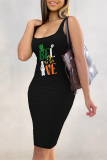 Black Colorblock Letter Print Sleeveless U Neck Wrapped Skirt Bodycon Midi Tank Dresses