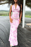 Blue Sexy Abstract Print Swing Collar Backless Sleeveless Belted Bodycorn Party Club Evening Halter Long Maxi Dresses