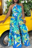 Blue Green Floral Print Off Shoulder Sleeveless Casual Vacation Halter Maxi Slip Dresses