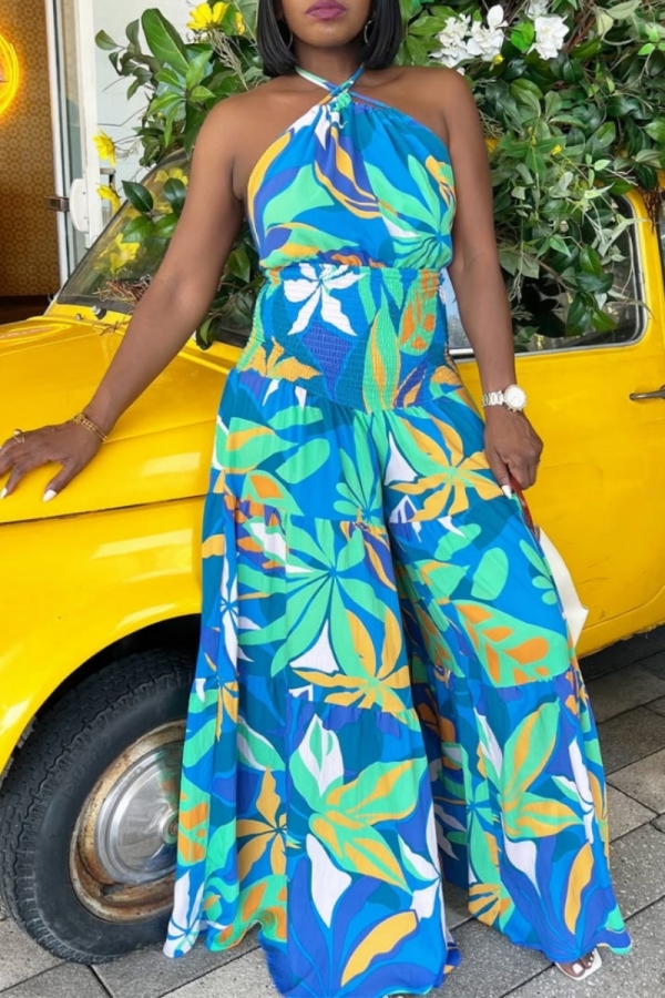 Blue Green Floral Print Off Shoulder Sleeveless Casual Vacation Halter Maxi Slip Dresses