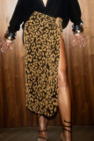 Golden Sexy Hot Leopard Cut Out Slit High Waist Party Club Long Straight Skirts