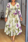 Pink Floral Print V Neck Long Sleeve A Line Fitted Summer Outings Maxi Dresses