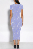 Blue Purple Colorblock Flowers Print O Neck Short Sleeve Casual Outings Bodycon T Shirt Maxi Dress