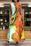 White Green Graphic Print O Neck Off Shoulder Sleeveless Casual Daily Striaght Loose Maxi Dresses