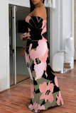 Purple Geometric Flowers Print Off Shoulder Long Sleeve Casual Outings Bodycon Maxi Dress