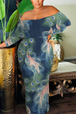 Purple Geometric Flowers Print Off Shoulder Long Sleeve Casual Outings Bodycon Maxi Dress