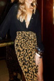 Golden Sexy Hot Leopard Cut Out Slit High Waist Party Club Long Straight Skirts