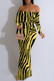 Black Zebra Print Off Shoulder Long Sleeve Casual Outings Bodycon Maxi Dress