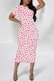 Blue Purple Colorblock Flowers Print O Neck Short Sleeve Casual Outings Bodycon T Shirt Maxi Dress