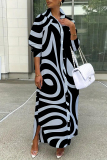 White Black Turndown Collar Shirt-Sleeve Button-Down Front Casual Outings Shirt Maxi Dresses