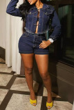 Dark Blue Turndown Collar Long Sleeve Zipper Hasp Denim Jacket and Shorts Casual Outing Two Piece Jean Short Set