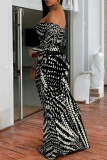 Black Zebra Print Off Shoulder Long Sleeve Casual Outings Bodycon Maxi Dress