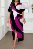 Blue V Neck Half Sleeve Front Slit Casual Outings Loose Maxi Dresses