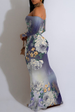 Purple Geometric Flowers Print Off Shoulder Long Sleeve Casual Outings Bodycon Maxi Dress