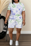 White Purple Graphic Print O Neck Short Sleeve T Shirt and Shorts Casual Outings Plus Size Two Piece Short Set