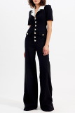 Black with White Patchwork Turndown Collar Short Sleeve Button-Down Office Lady Wige Leg Jumpsuit