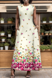 White Green Graphic Print O Neck Off Shoulder Sleeveless Casual Daily Striaght Loose Maxi Dresses