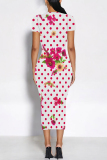 Blue Purple Colorblock Flowers Print O Neck Short Sleeve Casual Outings Bodycon T Shirt Maxi Dress