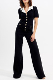 Black with White Patchwork Turndown Collar Short Sleeve Button-Down Office Lady Wige Leg Jumpsuit