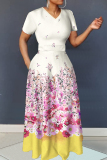 Blue Plants Print V Neck Short Sleeve Floor Length Casual Vacation Maxi Dresses
