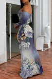Purple Geometric Flowers Print Off Shoulder Long Sleeve Casual Outings Bodycon Maxi Dress