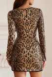 Sexy Leopard Print Sequins Round Neck Long Sleeve Bodycorn Casual Party Evening Wrapped Skirt Mini Dresses
