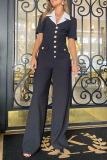 Black with White Patchwork Turndown Collar Short Sleeve Button-Down Office Lady Wige Leg Jumpsuit