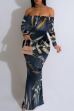 Purple Geometric Flowers Print Off Shoulder Long Sleeve Casual Outings Bodycon Maxi Dress