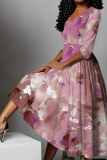 Light Blue V Neck Half Sleeve Casual Daily Twilled Satin Pleated Maxi Dresses