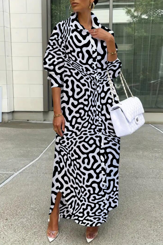 White Black Turndown Collar Shirt-Sleeve Button-Down Front Casual Outings Shirt Maxi Dresses