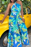 Blue Green Floral Print Off Shoulder Sleeveless Casual Vacation Halter Maxi Slip Dresses