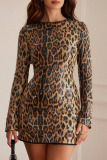 Sexy Leopard Print Sequins Round Neck Long Sleeve Bodycorn Casual Party Evening Wrapped Skirt Mini Dresses