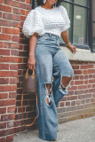 Blue Casual Solid Color Ripped High Waist Loose Straight Denim Jeans