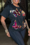 Black Sequins Butterfly Print O Neck Short Sleeve T Shirt and Shorts Casual Outings Two Piece Short Set