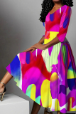 Light Purple Graphic Print V Neck Half Sleeve Casual Daily Twilled Satin Pleated Maxi Dresses