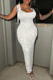White Sexy Solid Lace See-Through Backless Belted Spaghetti Strap Bodycorn Party Club Evening Long Slip Dresses