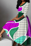 Light Blue V Neck Half Sleeve Casual Daily Twilled Satin Pleated Maxi Dresses