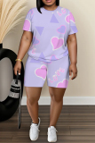 White Purple Graphic Print O Neck Short Sleeve T Shirt and Shorts Casual Outings Plus Size Two Piece Short Set