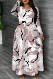 Pink Graphic Print O Neck Long Sleeve A Line Casual Outings Plus Size Spring Maxi Dresses