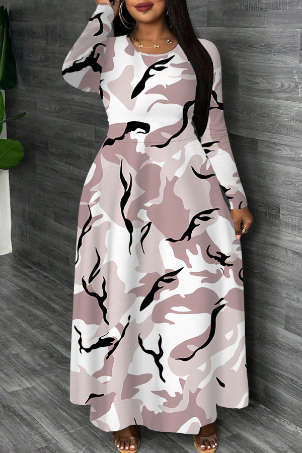 Pink Graphic Print O Neck Long Sleeve A Line Casual Outings Plus Size Spring Maxi Dresses