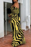 Black Zebra Print Off Shoulder Long Sleeve Casual Outings Bodycon Maxi Dress